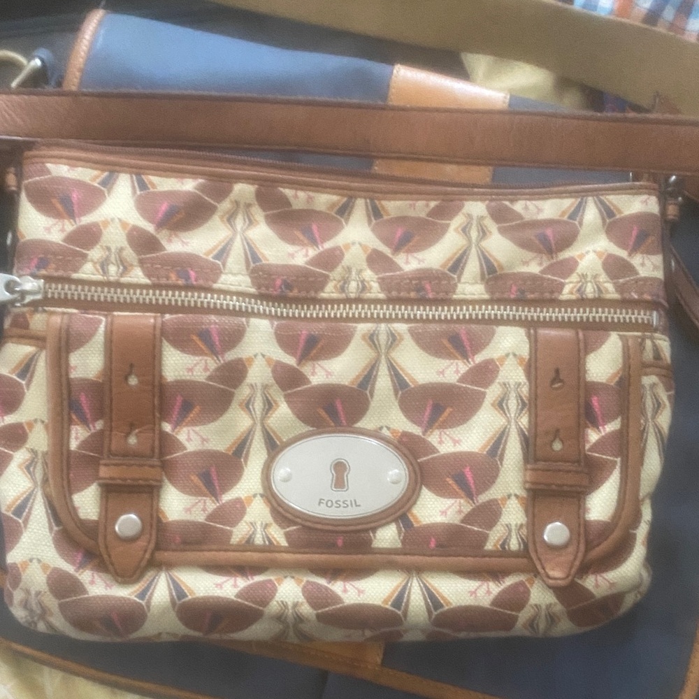 Fossil Women's Tan and Brown Patterned Crossbody Bag